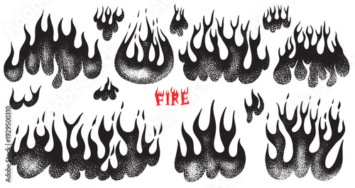 Set of silhouette flame and fire in vintage style. Hand drawn engraved monochrome bonfire sketch. Vector illustration for posters, banners and logo