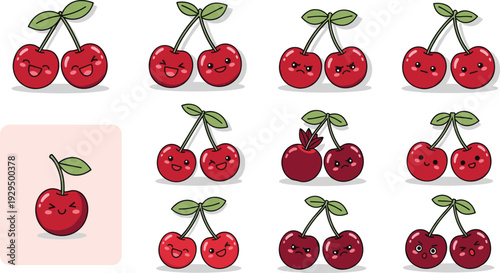 Cute cherry cartoon vector set. Funny red fruit characters with different facial expressions. Adorable kawaii style mascot collection isolated on white background.