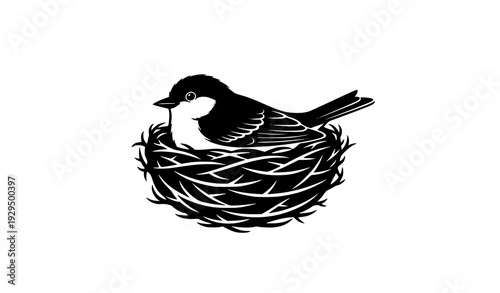 Bird sitting in twig nest black silhouette vector isolated on white background minimalist nature design