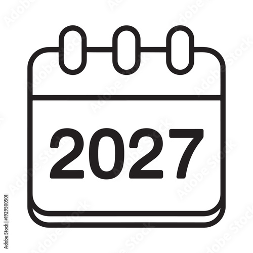 A black and white line drawing of a calendar displaying the year 2027