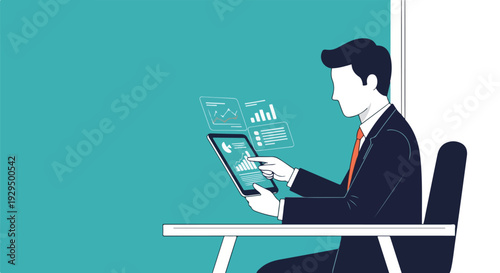 Businessman analyzing data on a futuristic tablet with holographic screens, representing modern business intelligence and digital workflow solutions