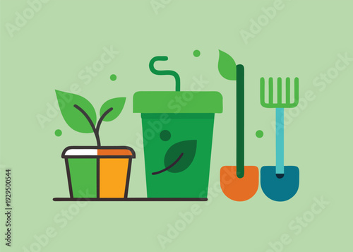 A plant in a two-tone pot, a large green planter with a leaf, and gardening tools like a shovel and rake.
