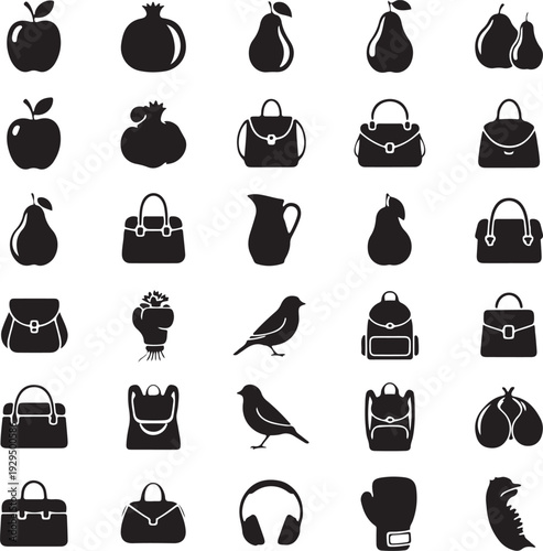 Collection of black silhouette of fruits bags birds and boxing glove on white background apple pomegranate