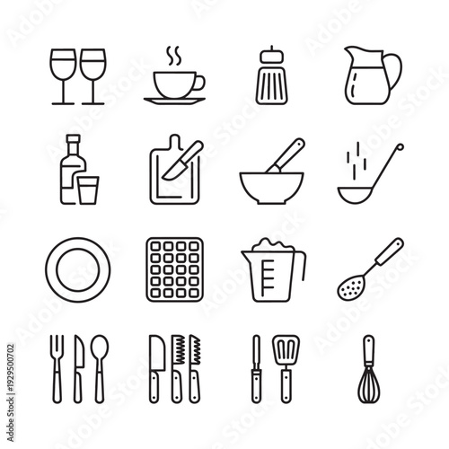 Line art icons depicting various kitchenware and dining elements in a grid