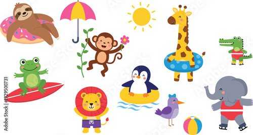 Cute Summer Animals Collection with Sloth Monkey Giraffe Lion Penguin and Elephant Flat Vector Illustration Set