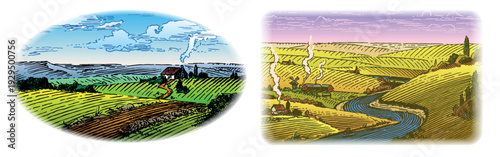 Rustic meadow hand drawn village landscape illustrations with fields and windmill. Beautiful scentic view for milk, cheese farm products. Eco food.