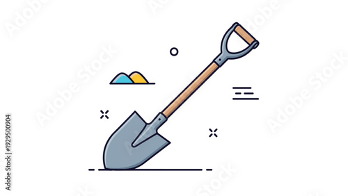 Classic garden shovel with a wooden handle and metal blade is shown as a tool for gardening construction and landscaping.