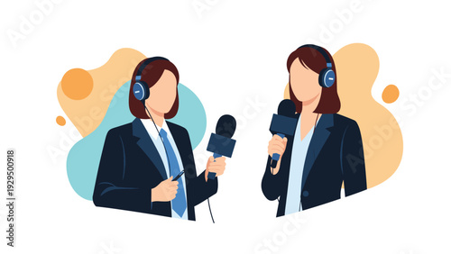 Two female news reporters with headsets and microphones are reporting the latest stories from different camera angles.