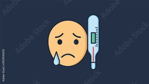 Sad orange emoji face with a drop of sweat is next to a thermometer showing a high fever on a dark blue background.