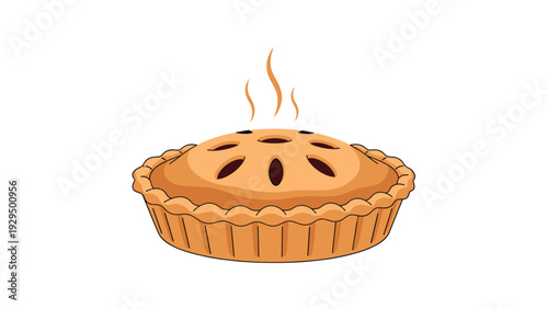 Freshly baked homemade pie sits in a crusty tin with steam rising from vents in the top crust on a white background.