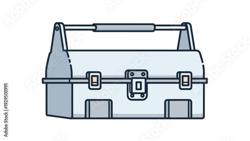 Metal toolbox in light blue and grey tones stands closed with its handle up and latches secured on a white background.