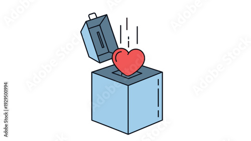 Red heart symbol falls into an open blue box representing love, donation, charity, or keeping feelings safely stored away.