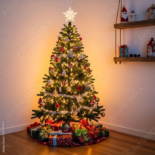 A beautifully decorated christmas tree stands in a cozy corner surrounded by gifts.