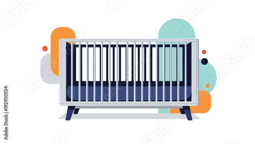 Modern baby crib in white and navy blue colors is shown with a soft mattress against a colorful abstract background.