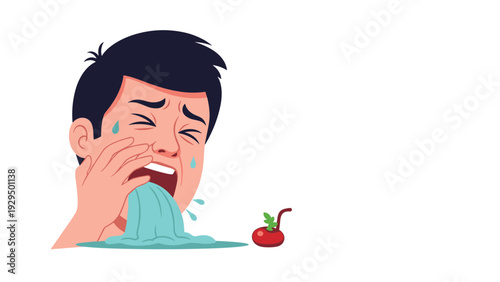Man is shown in distress while coughing or vomiting a blue liquid signifying illness, flu, or a medical health problem.