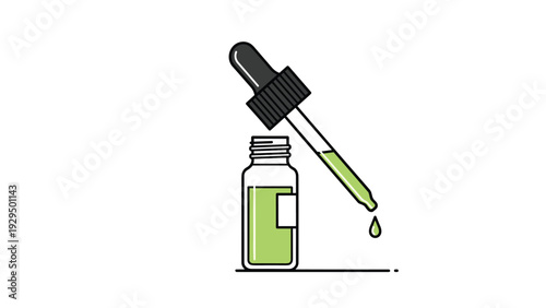 Small glass bottle with a dropper contains green liquid representing medicine, herbal oil, or a chemical solution.