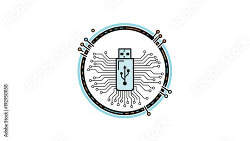 USB flash drive icon is integrated with electronic circuit board lines inside a circle for data storage concepts.