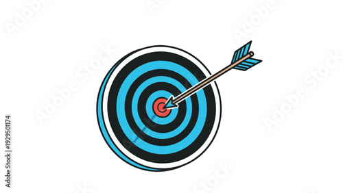 Archery target with blue and black rings has an arrow hitting exactly in the center bullseye for success symbol.