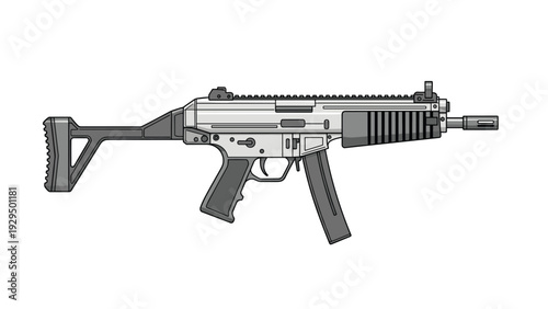 Modern assault rifle with a magazine, stock, and sights is illustrated in a detailed grey and black technical style.