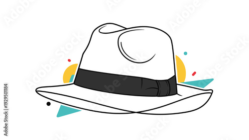 Classic white fedora hat with a black ribbon band is shown against a colorful geometric abstract background design.