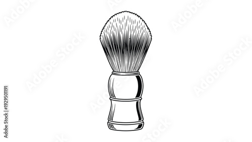 Traditional shaving brush with a wooden handle and soft bristles is shown in a classic vintage line art style.