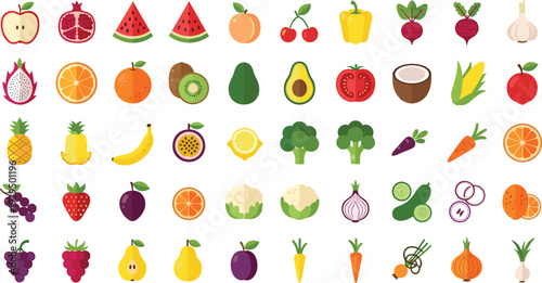 Fruits and vegetables vector icon set. Colorful flat food collection with healthy organic produce. Fresh farm market illustration isolated on white background.