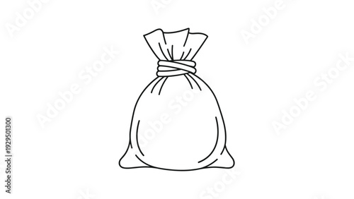 Simple white cloth sack tied at the top with a rope is shown in a black and white line drawing style representing storage and packaging.