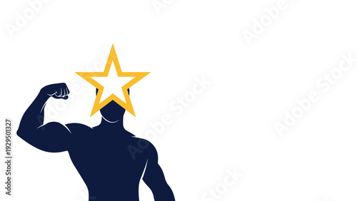 Silhouette of a strong muscular man flexing his arm has a bright yellow star positioned over his face against a white background.