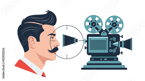 Profile of a man with a mustache looking into a vintage film camera lens represents the art of cinema and classic movie production.