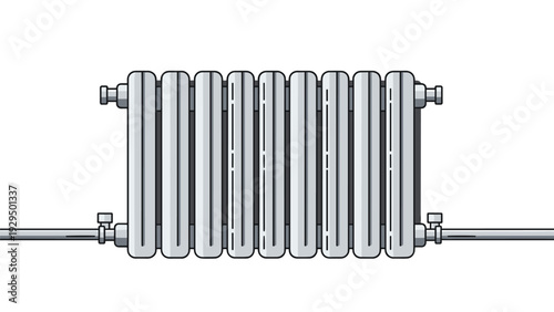 Classic metal radiator with heating pipes is illustrated in grey tones to represent household climate control and thermal comfort systems.