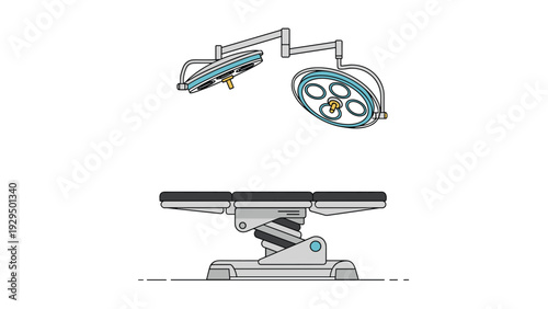 Modern operating room features a surgical table and two adjustable overhead medical lights for lighting procedures in a hospital.