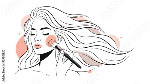 Beautiful woman with long flowing hair has blush applied to her cheek with a makeup brush in a delicate black and white line drawing.