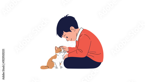 Young boy in a red sweater and dark pants sits on the ground and gently pets a small orange and white cat with care and affection.