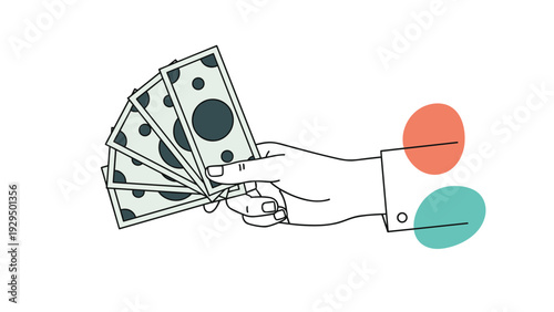 Hand in a white shirt and business suit sleeve holds five green dollar bills fanned out against a simple background with color dots.