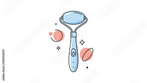 Light blue facial roller tool for skincare massage is illustrated with pink circles and star accents to highlight beauty and wellness.