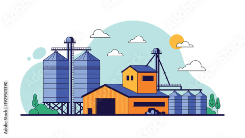 Industrial grain storage facility includes several tall blue silos and a central processing building for large scale agricultural production.