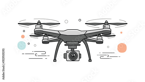 Professional quadcopter drone with a camera is shown in flight with spinning propellers against a clean background with abstract circles.