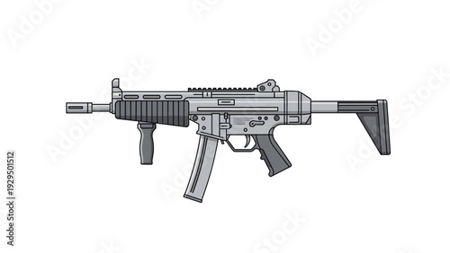 Modern tactical submachine gun or assault rifle illustration shown in profile with various attachments and functional features.