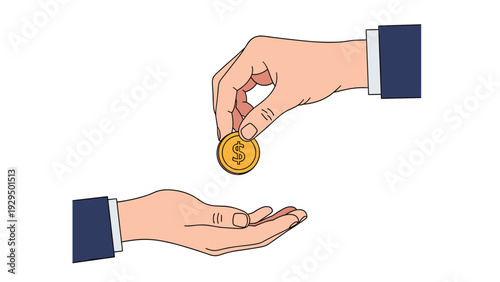 Two hands in business suits exchanging a single shiny gold coin representing a financial transaction, payment, or investment.