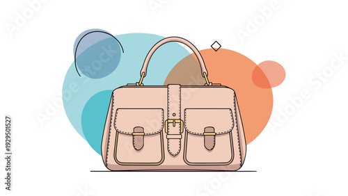 Elegant pink designer handbag with a top handle and buckle details presented against a colorful circular artistic background.