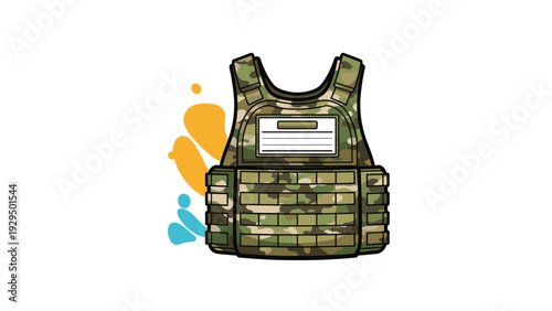 Camouflage patterns on a tactical bulletproof or ballistic vest used for personal protection in military or security operations.