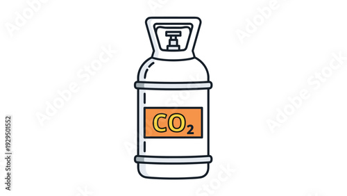 Industrial CO2 gas tank or cylinder with a prominent orange label for storage of carbon dioxide used in a workshop or laboratory.