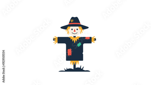 Friendly scarecrow wearing a hat and patched clothes standing in a field to protect organic crops from birds or animals.
