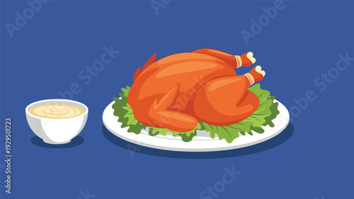 Whole roasted turkey or chicken served on a white platter with green lettuce and a bowl of gravy or sauce on a blue background.