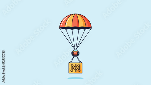 Striped orange and yellow parachute carrying a large wooden crate through the air for delivery or humanitarian relief efforts.