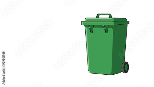 Green plastic waste bin with wheels and a handle used for recycling and garbage collection on a clean white background.