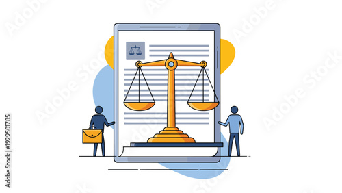 Scales of justice placed over a legal document with professional figures standing nearby to represent law and judicial process.