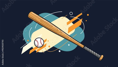 Wooden baseball bat and a white ball with red stitching shown against a dark blue background with decorative geometric shapes.