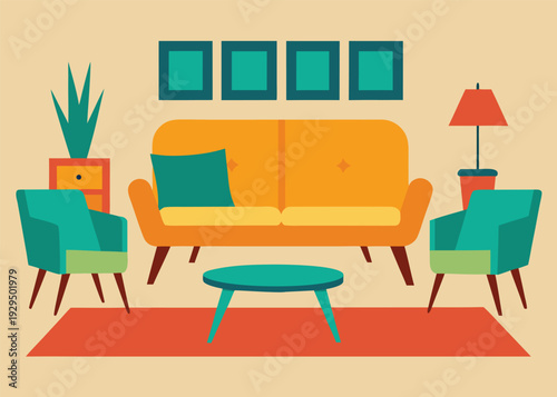 A flat vector illustration of a mid-century modern living room set: sofa, armchairs, coffee table, plant, and lamp.