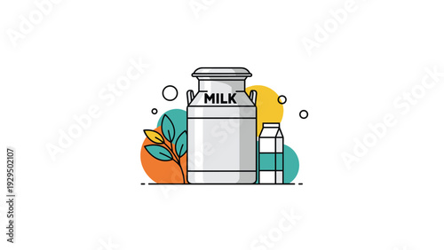 Large metal milk can placed next to a paper carton of milk and green leaves to represent dairy farming and fresh products.